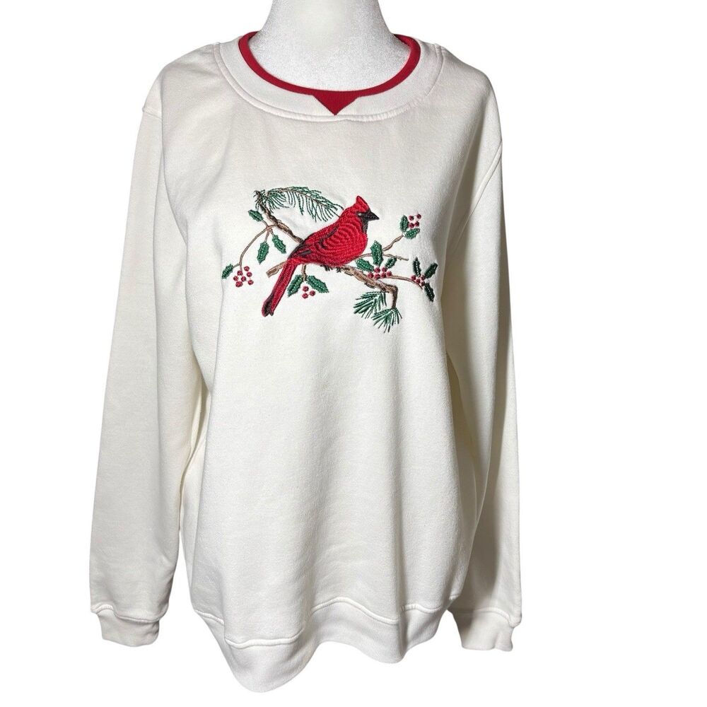 Vtg C&K Designs Cream Embroidered Red Cardinal Bird Sweatshirt M Country Nature